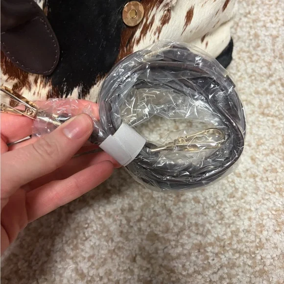 NWT House of Harlow Brown White Black Genuine Cow Hide Leather Le Pliage Bag - Picture 5 of 5